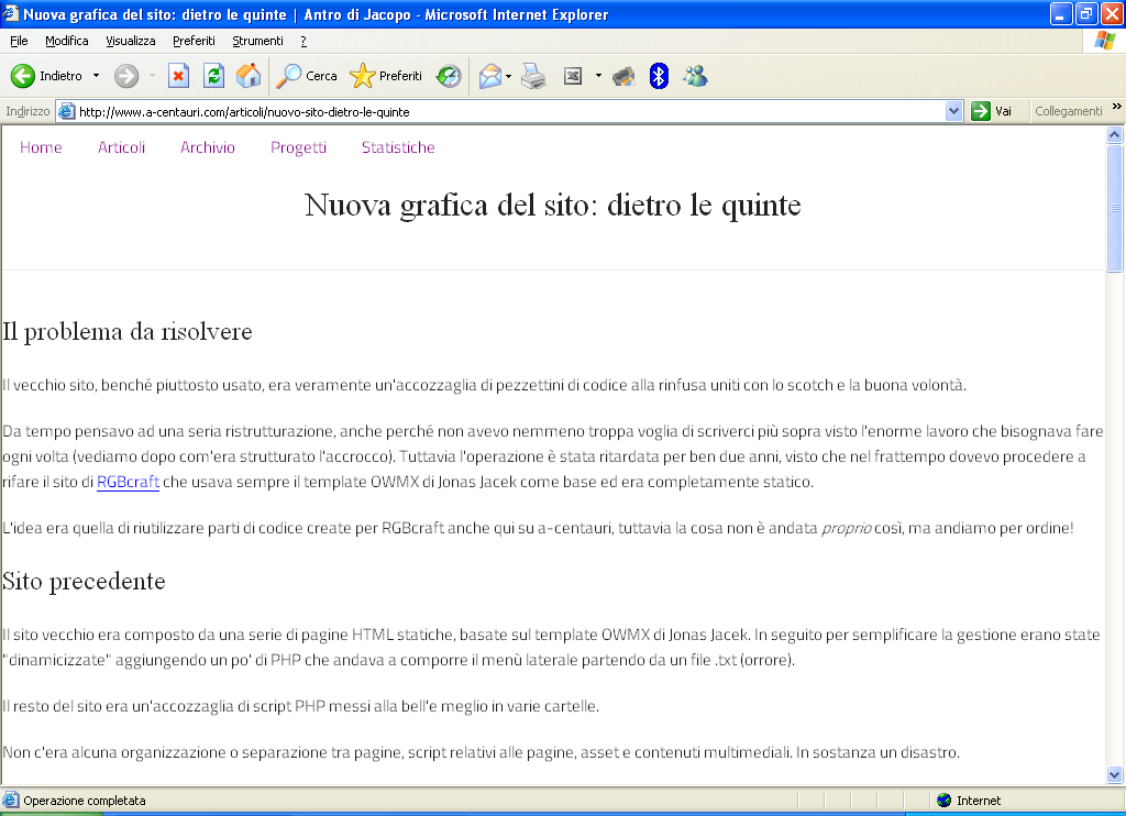 Il sito visualizzato con Internet Explore