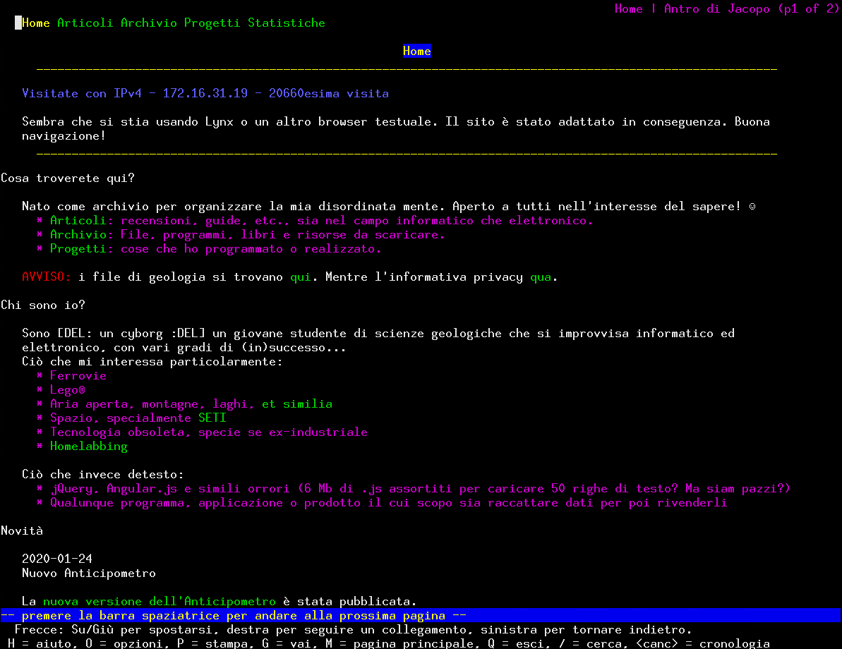 Il sito visualizzato con Lynx