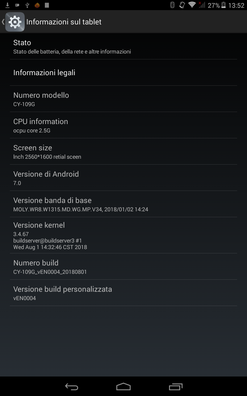 Schermata Informazioni sul tablet, mostra Android 7.0